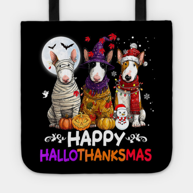 Cute Bull Terrier Dog Hallothanksmas Halloween Thanksgiving Tote by yangho