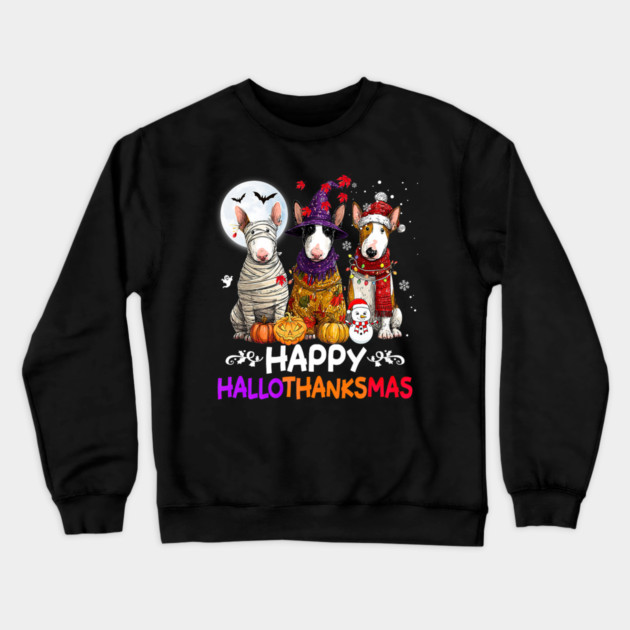 Cute Bull Terrier Dog Hallothanksmas Halloween Thanksgiving Crewneck Sweatshirt by yangho