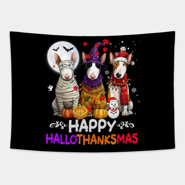 Cute Bull Terrier Dog Hallothanksmas Halloween Thanksgiving Tapestry by yangho