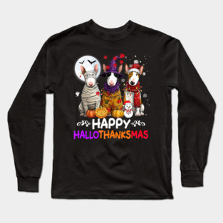 Cute Bull Terrier Dog Hallothanksmas Halloween Thanksgiving Long Sleeve T-Shirt