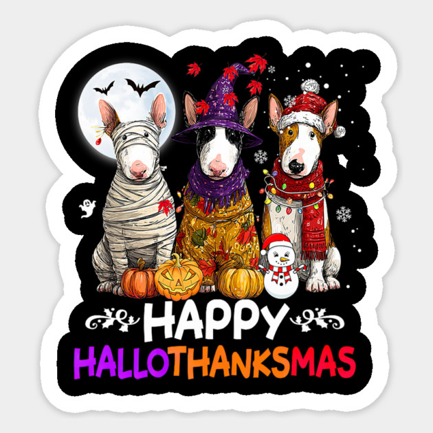 Cute Bull Terrier Dog Hallothanksmas Halloween Thanksgiving Sticker by yangho