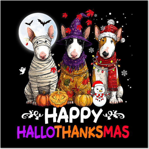 Cute Bull Terrier Dog Hallothanksmas Halloween Thanksgiving Wall Art by yangho