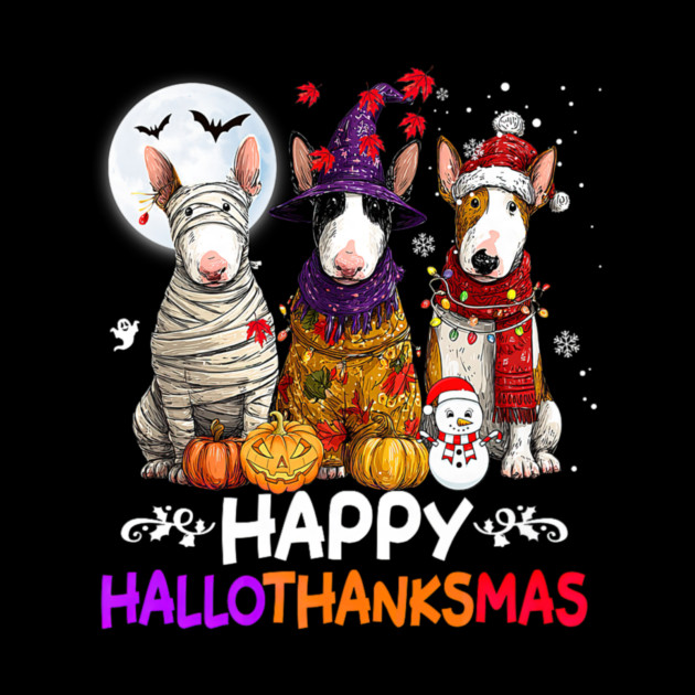 Cute Bull Terrier Dog Hallothanksmas Halloween Thanksgiving by yangho