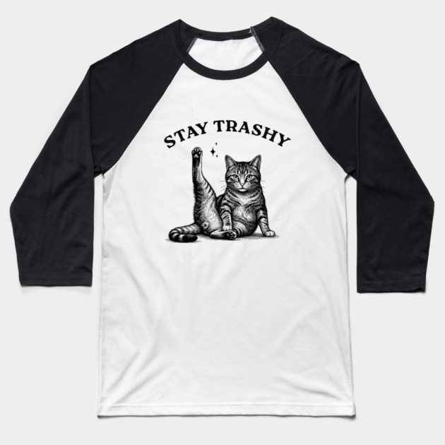 Stay Trashy - Funny Cat Yoga Vintage Tattoo Style Baseball T-Shirt by UrbanLifeApparel