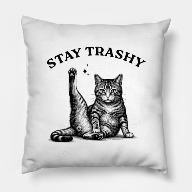 Stay Trashy - Funny Cat Yoga Vintage Tattoo Style Pillow by UrbanLifeApparel