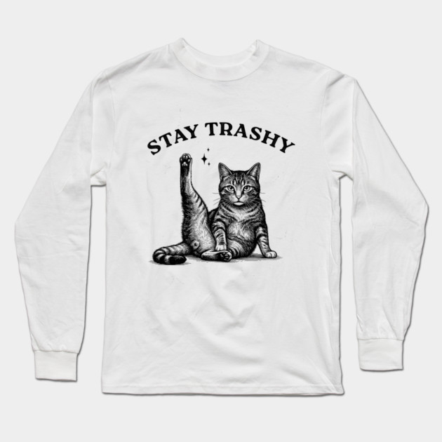 Stay Trashy - Funny Cat Yoga Vintage Tattoo Style Long Sleeve T-Shirt by UrbanLifeApparel