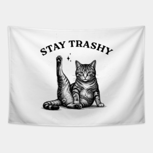 Stay Trashy - Funny Cat Yoga Vintage Tattoo Style Tapestry