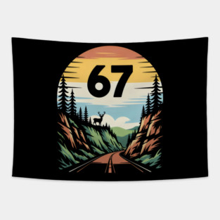 Route 67 Scenic Forest Deer Sunset Circle Badge Design Tapestry