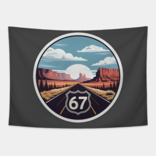Route 67 Desert Highway Sunset Badge Scenic Southwest Road Design Tapestry