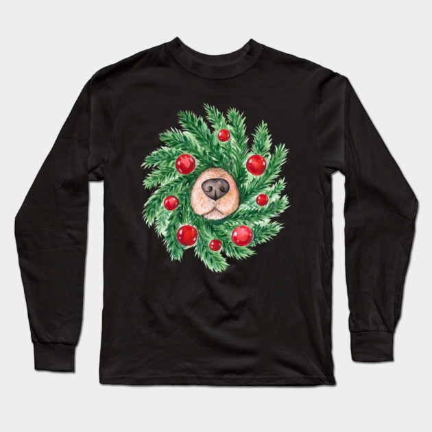 Cute Christmas Dog Nose Wreath Funny Dogs Long Sleeve T-Shirt by yangho