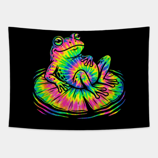 Tie Dye Frog Relaxing on a Lily Pad Tapestry by Creatifly Graphic Tees