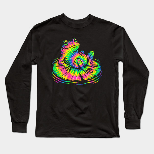 Tie Dye Frog Relaxing on a Lily Pad Long Sleeve T-Shirt by Creatifly Graphic Tees