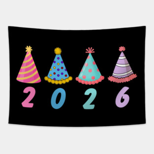 2026 with Colorful Party Hats for New Year Tapestry