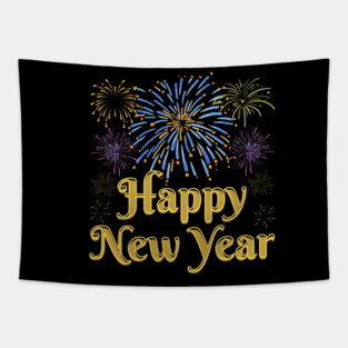 Happy New Year with Fireworks Celebration Tapestry