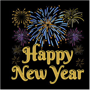 Happy New Year with Fireworks Celebration Posters and Art