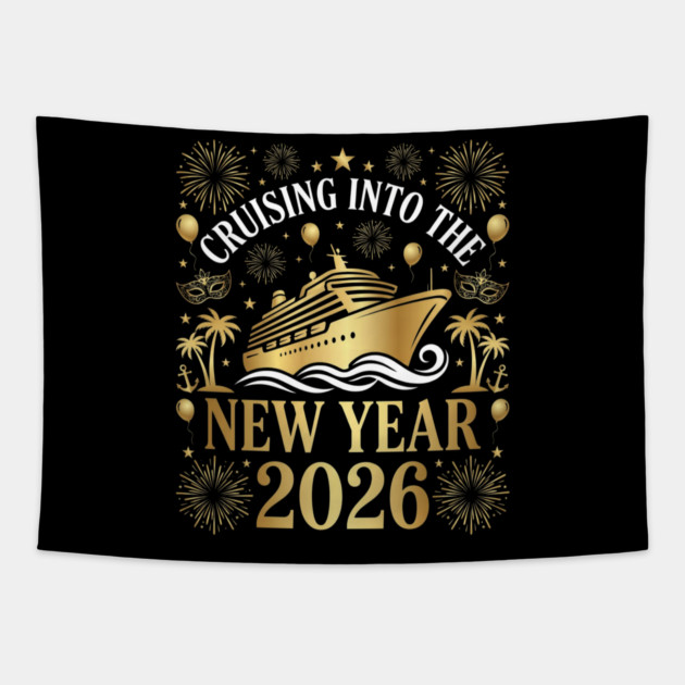 Cruising into the New Year 2026 with Festive Celebration Tapestry by Creatifly Graphic Tees