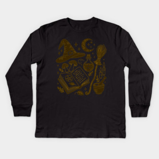 Golden Spellbook – Witchy Ritual Line Art in Moonlight Kids Long Sleeve T-Shirt
