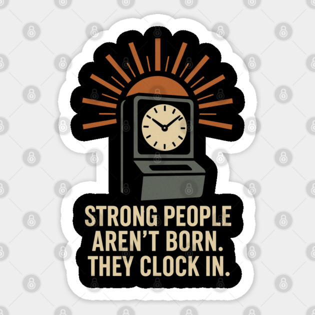 Strong People Aren’t Born They Clock In Vintage Work Ethic Motivational Design Sticker by Anne Lee