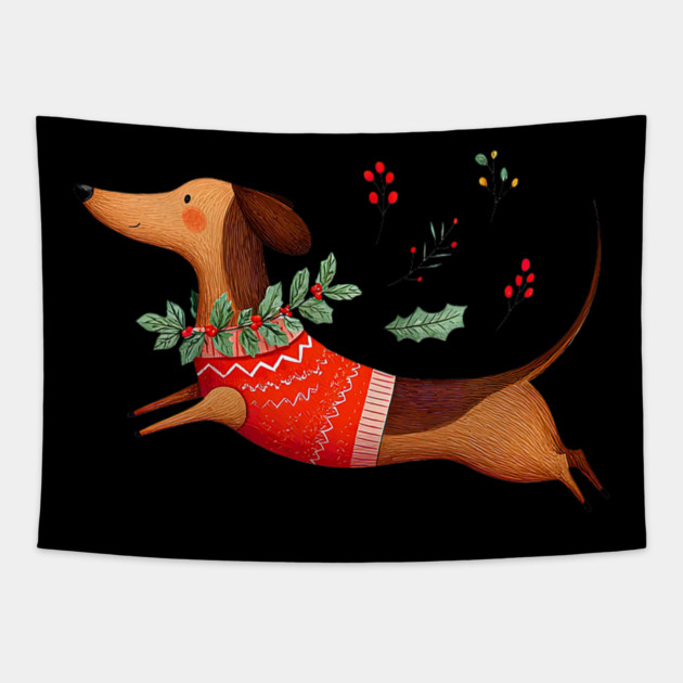 Cute Dachshund Xmas Wiener Dog Lover Funny Merry Christmas Tapestry by yangho