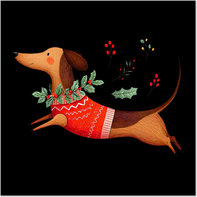 Cute Dachshund Xmas Wiener Dog Lover Funny Merry Christmas Wall Art by yangho