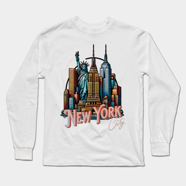 New York Statue Of Liberty. Iconic City Pride Long Sleeve T-Shirt by Pixel Threads 