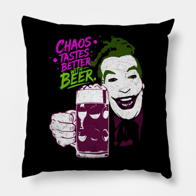 Cesar's Joker 1960's Super Villain Chaos Tastes Better with Beer Distressed Vintage Pillow by Joaddo