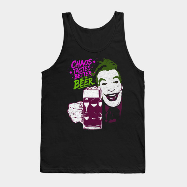 Cesar's Joker 1960's Super Villain Chaos Tastes Better with Beer Distressed Vintage Tank Top by Joaddo