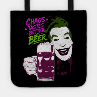 Cesar's Joker 1960's Super Villain Chaos Tastes Better with Beer Distressed Vintage Tote