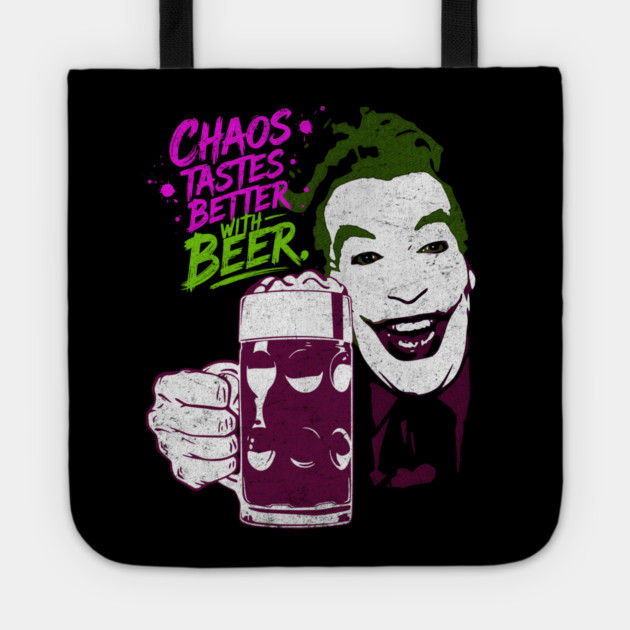 Cesar's Joker 1960's Super Villain Chaos Tastes Better with Beer Distressed Vintage Tote by Joaddo