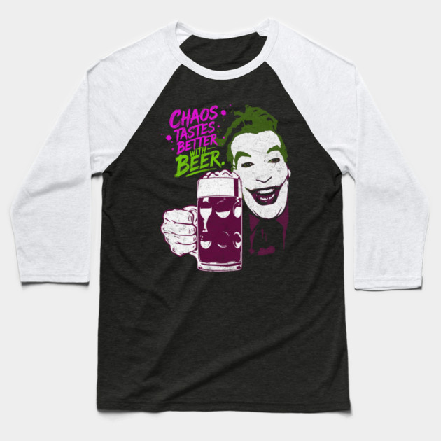 Cesar's Joker 1960's Super Villain Chaos Tastes Better with Beer Distressed Vintage Baseball T-Shirt by Joaddo