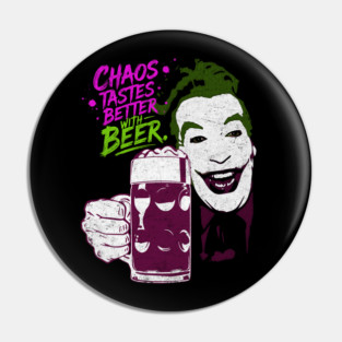 Cesar's Joker 1960's Super Villain Chaos Tastes Better with Beer Distressed Vintage Pin