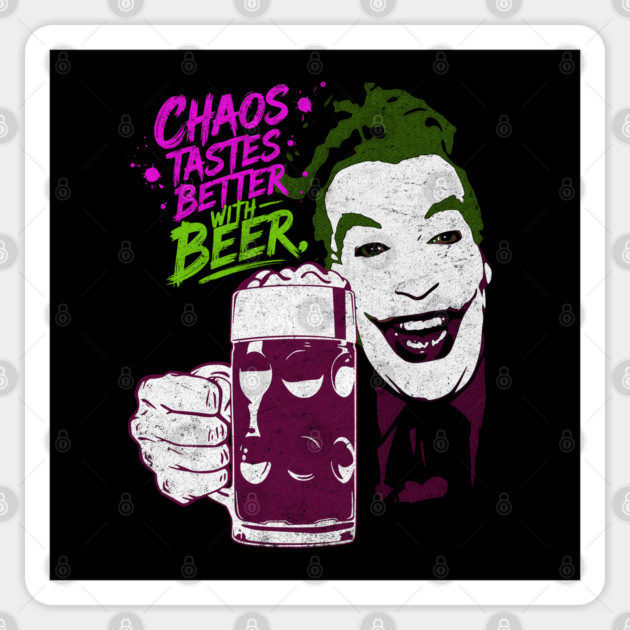 Cesar's Joker 1960's Super Villain Chaos Tastes Better with Beer Distressed Vintage Sticker by Joaddo