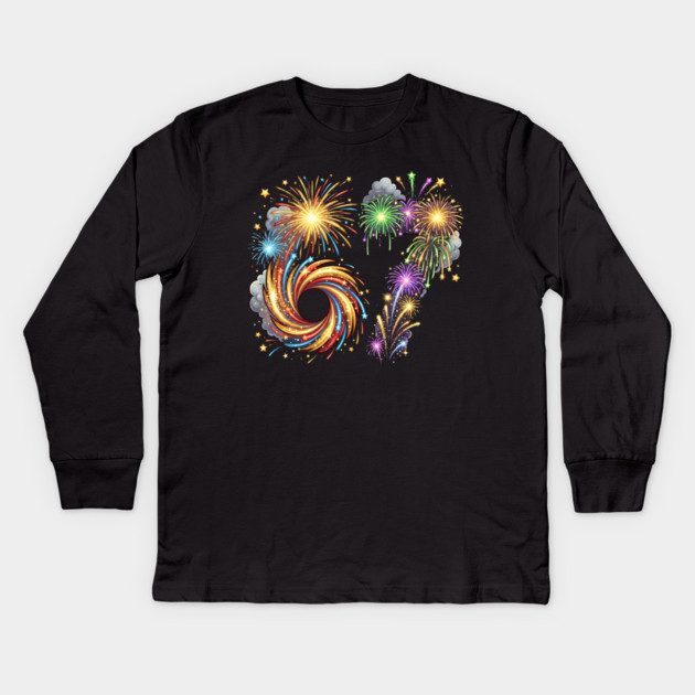 67 Colorful Fireworks Celebration for New Year's Eve Kids Long Sleeve T-Shirt by Creatifly Graphic Tees