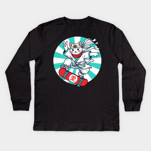 Skateboarding Ninja Cat Kids Long Sleeve T-Shirt by enrynz