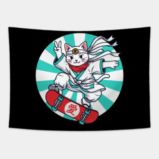 Skateboarding Ninja Cat Tapestry