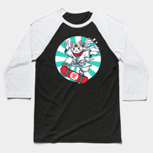 Skateboarding Ninja Cat Baseball T-Shirt