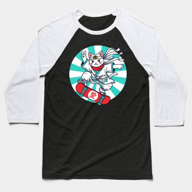 Skateboarding Ninja Cat Baseball T-Shirt by enrynz