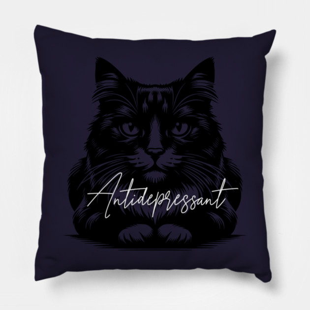 funny cat antidepressant Pillow by Pixel Threads 