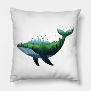 Floating Forest Whale Double Exposure Art Pillow