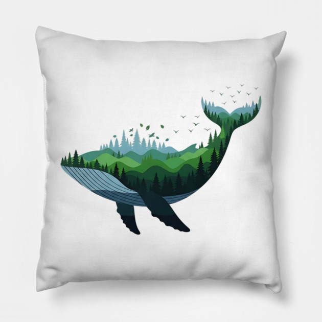 Floating Forest Whale Double Exposure Art Pillow by Designed By Marty