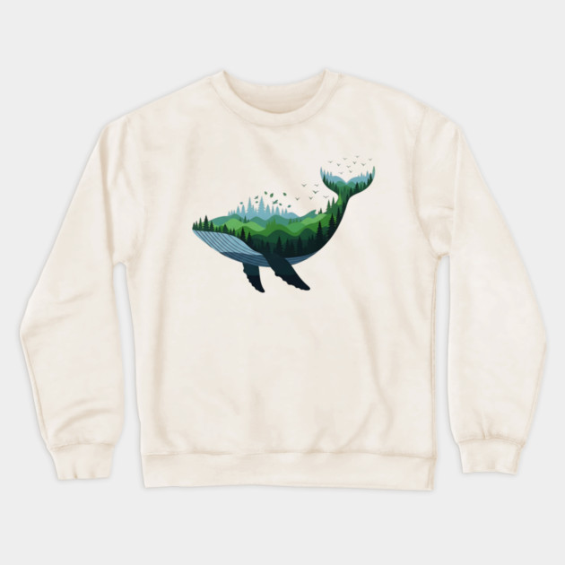 Floating Forest Whale Double Exposure Art Crewneck Sweatshirt by Designed By Marty
