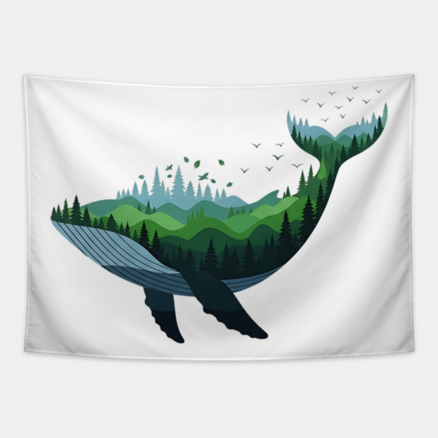 Floating Forest Whale Double Exposure Art Tapestry by Designed By Marty
