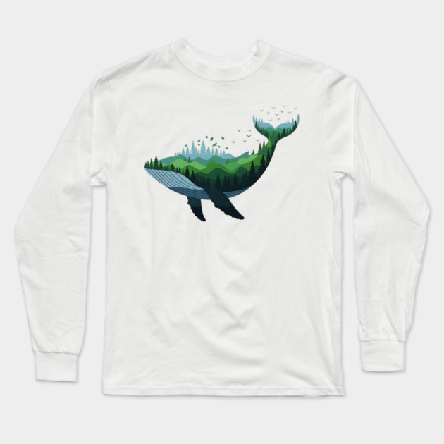Floating Forest Whale Double Exposure Art Long Sleeve T-Shirt by Designed By Marty