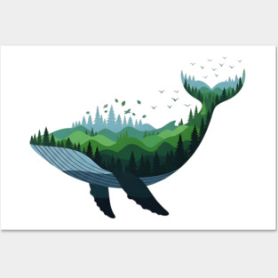 Floating Forest Whale Double Exposure Art Posters and Art