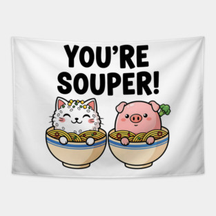 You’re Souper Kawaii Soup Cat and Pig Tapestry
