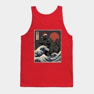 Catzilla Cat Japanese With Santa Hat and Christmas Lights Tank Top