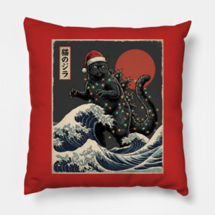 Catzilla Cat Japanese With Santa Hat and Christmas Lights Pillow