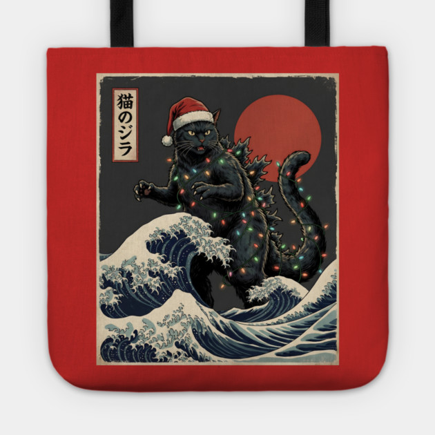 Catzilla Cat Japanese With Santa Hat and Christmas Lights Tote by Creatifly Graphic Tees