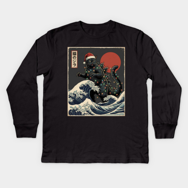 Catzilla Cat Japanese With Santa Hat and Christmas Lights Kids Long Sleeve T-Shirt by Creatifly Graphic Tees