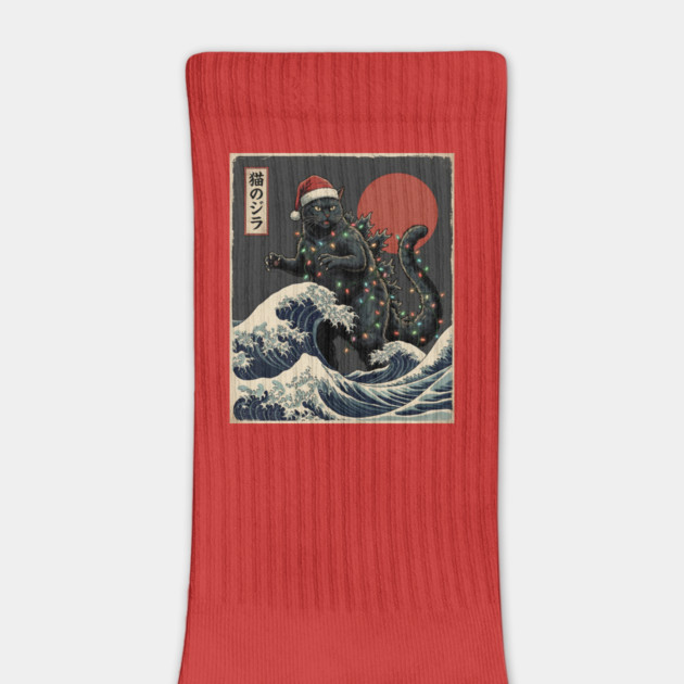 Catzilla Cat Japanese With Santa Hat and Christmas Lights by Creatifly Graphic Tees